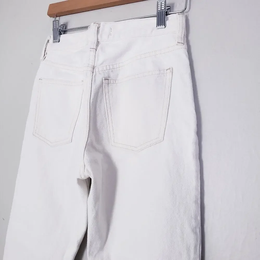 Free People Blossom White High Rise Rigid Straight Leg Jean Raw Hem 24 NEW